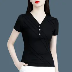 Summer New Fashion Elegant Simple Black V-Neck Short Sleeved T-shirt Women Temperation Patchwork Button Slim Fit Versatile Tops