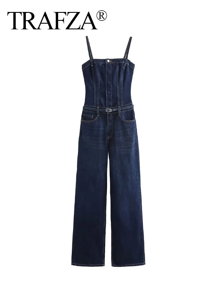 Trafza weibliche Sommer elegante Overall Denim ärmellose rücken freie Taschen einreihige Frauen mit Gürtels ch linge Overalls Mujer