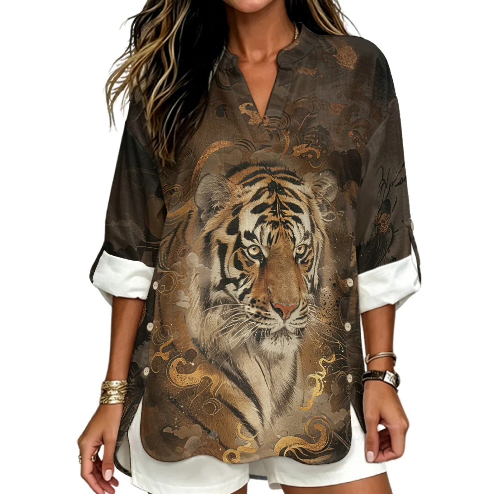 PENSTROLL Tiger Portrait Print Loose V Neck Shirts for Resort Linen Like Long Sleeve Tops for Women Sizes S-5XL