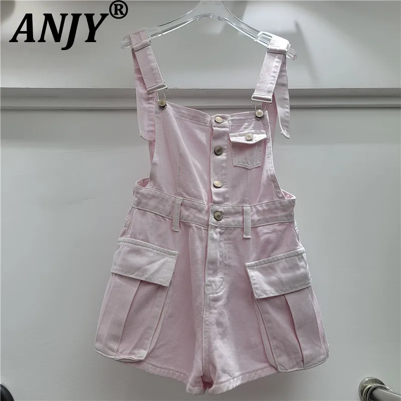 

ANJY Summer New Women Safari Style Vintage Multi-Pocket Denim Overalls Shorts Fashion Streetwear Buttons Loose Design Ins A22557