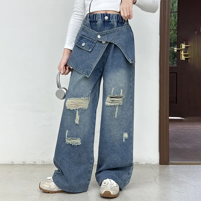 Teen Girls Hole Wide leg Jeans Autumn American Spliced Stacked Double waist straight through pants child trousers clothes outfit