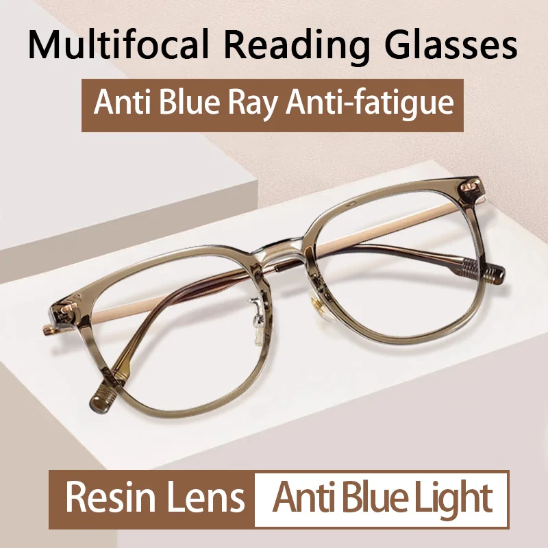 Progressive Multifocus Wide Square Frame Reading Glasses Blue Light Blocking for Women Men No Line Multifocal Readers Titanium