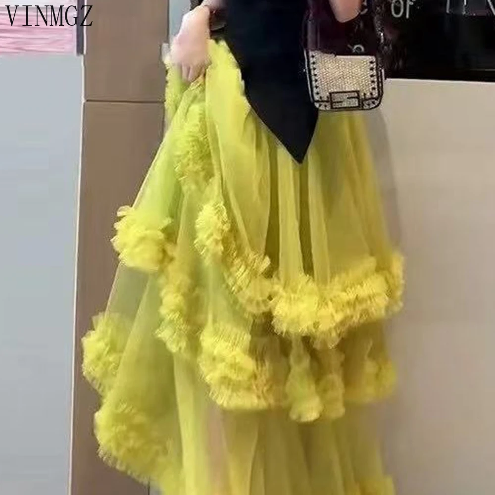 

Large size splicing cake lace fairy mesh dress summer new irregular high waist fluffy elastic skirt LOOSE FIT