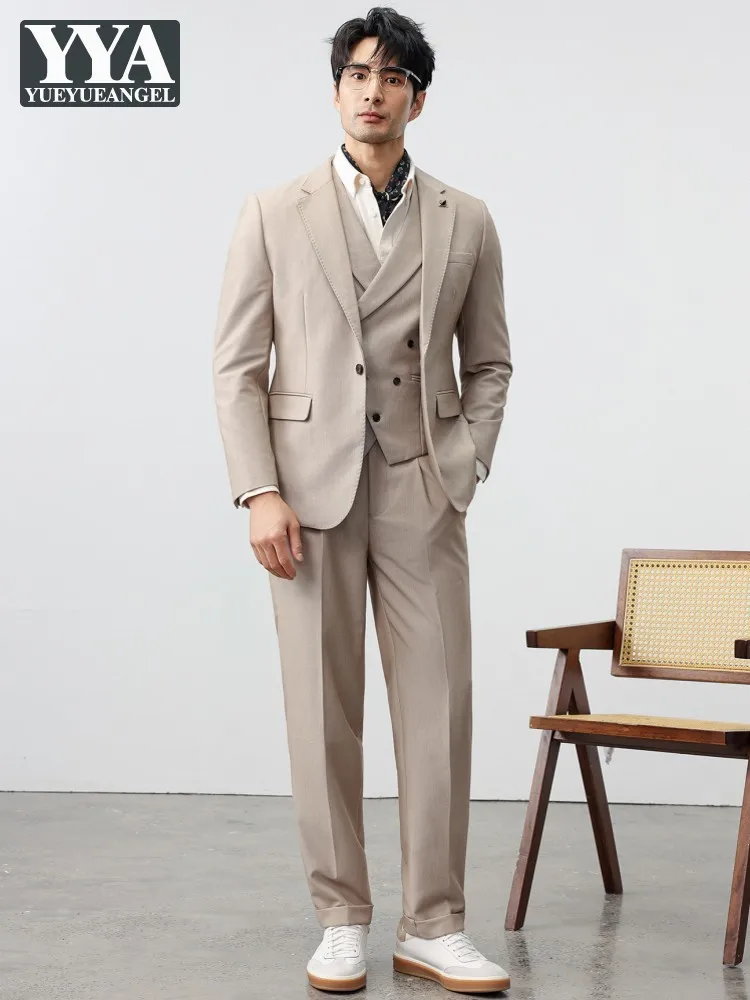 Mens Three Piece Set British Style Wedding Handsome Suit Banquet Host Blazers Single Button Long Trousers Outfits Fashion Slim