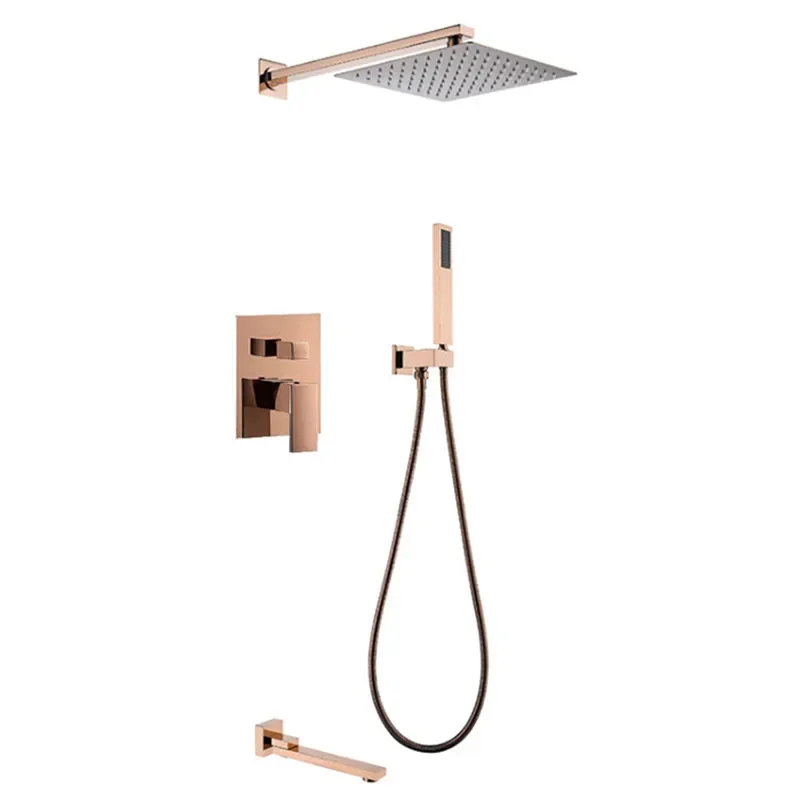 Bathroom Shower Set Rose Gold Square Rainfall Shower Faucet Wall or Ceiling Wall Mounted Shower Mixer 10