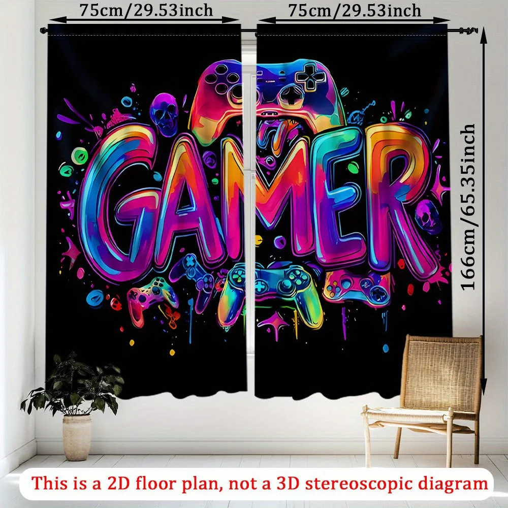 2PC 2D Neon Gaming Semi-Transparent Curtains with Rod Pocket Machine Washable Polyester for Living Room Bedroom Gamer Decor