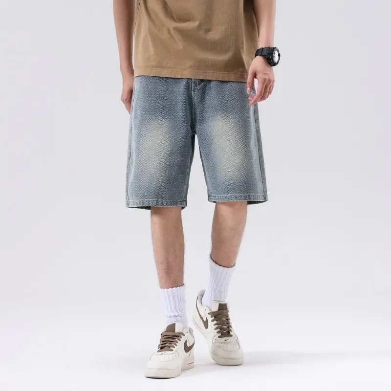 

Мужские летние винтажные джинсовые шорты с эффектом потертости, свободного кроя, в стиле хип-хоп, уличная мода, длина до середины икры