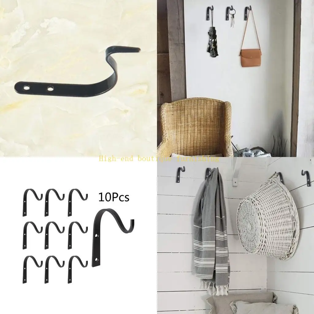 

L9NB 10 Pcs for Creative Black Metal Hanging Wall Hooks Crochet Iron Hanger Rustic Home Decor for Hanging Lantern Planter Coa