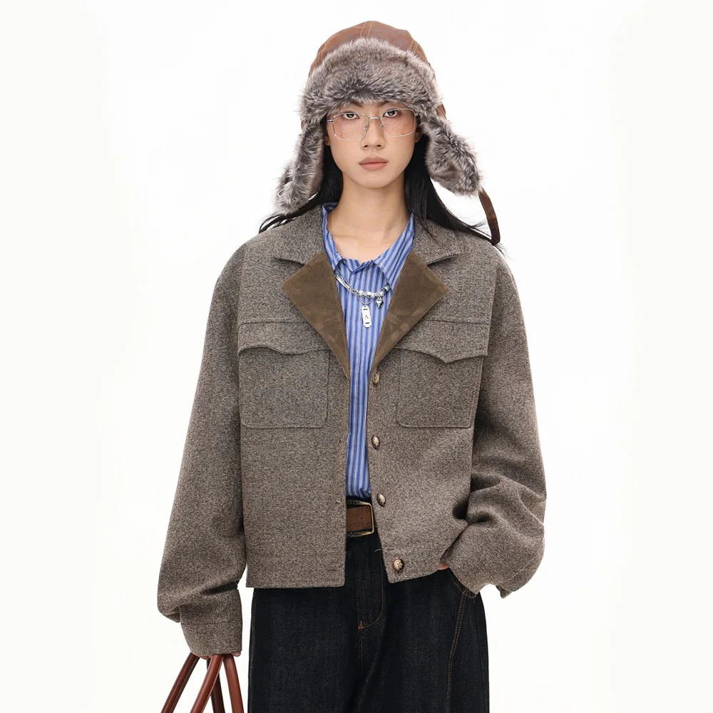 

Autumn Men Women Vintage Wool Short Jacket Korean Streetwear Fashion Loose Casual Woolen Cargo Jacket Coat Couple Outerwear