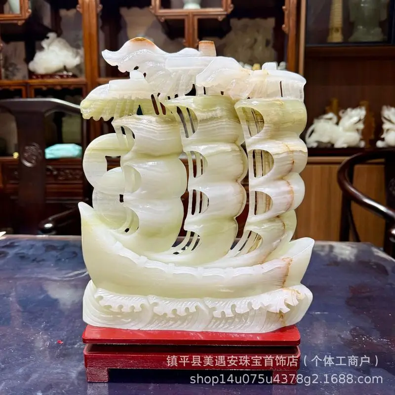 Natural Afghan Jade Sailboat Ornament Premium hand-carved dragon boat home living room decorative craft