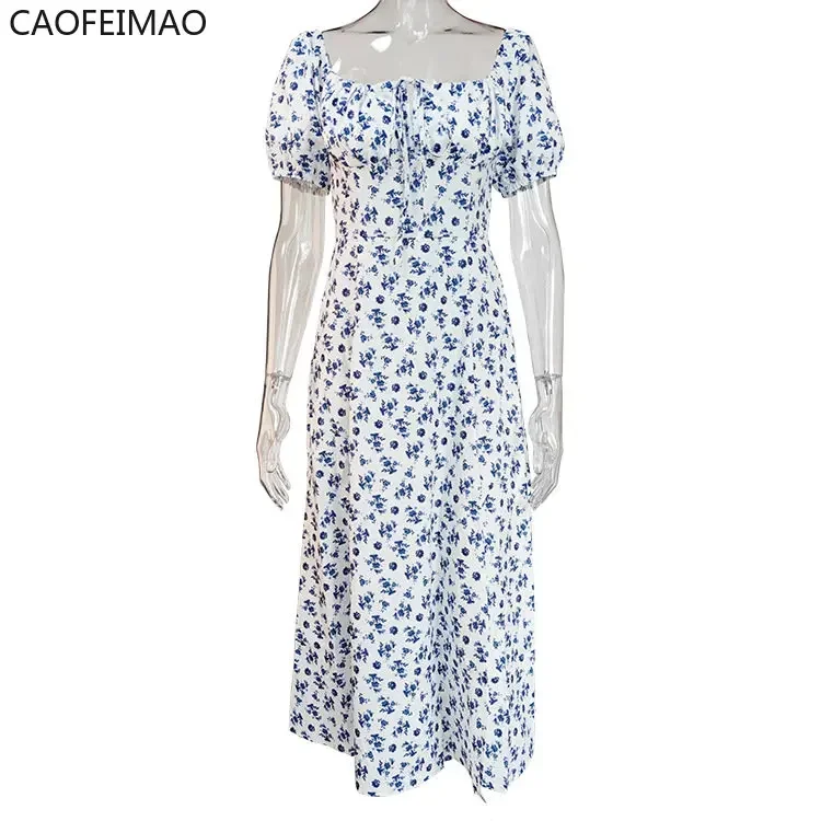 Caofeimao elegante gola quadrada primavera verão vestido casual praia feminino vintage babados boho vestido robe vestido de verão feminino 2023