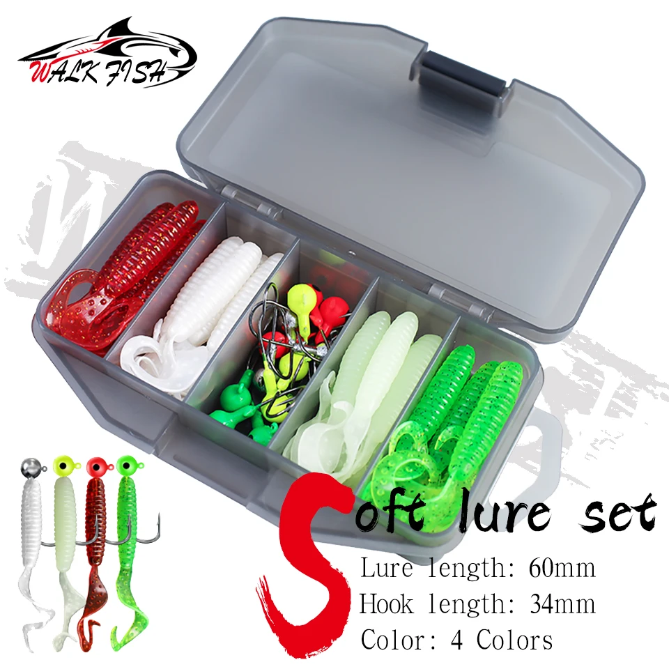 WALK FISH Soft Fishing Lure Set 37 Piece Enlarge Tail Soft Bait Road Sub Bait Set Lead Hook Biomimetic Bait Fake Bait Bass Bait