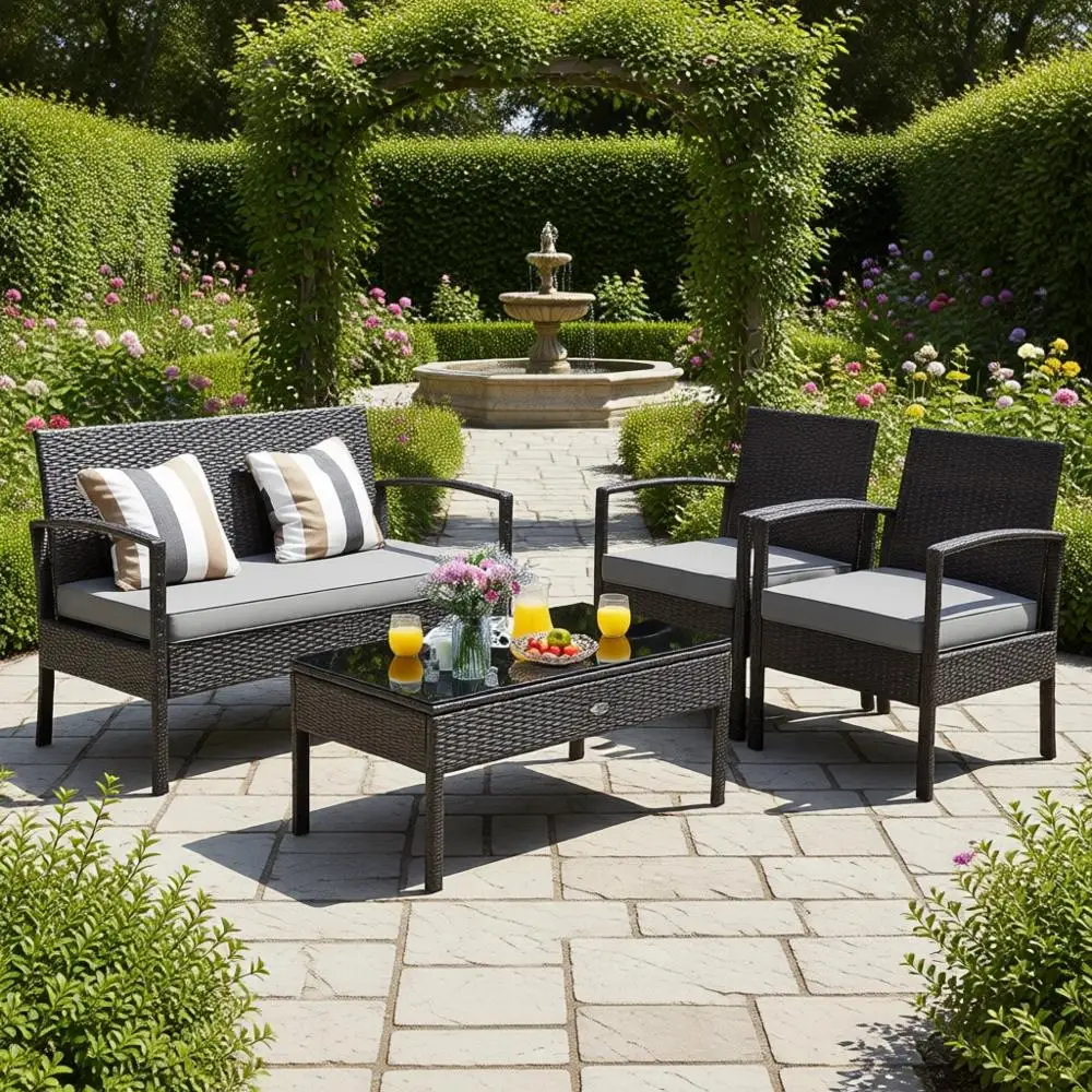 

Комплект садовой мебели из 4 предметов: плетеные кресла из ротанга, кофейный столик и моющиеся подушки для балкона или сада (коричневый)
