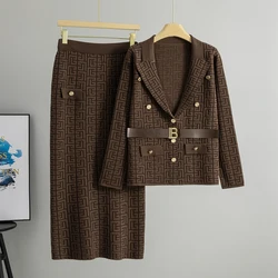 Casual Two Piece Sets Women Autumn And Winter V Neck Cardigan Elastic Waist Long Skirt Fashion Office Lady Korean Knit Suit