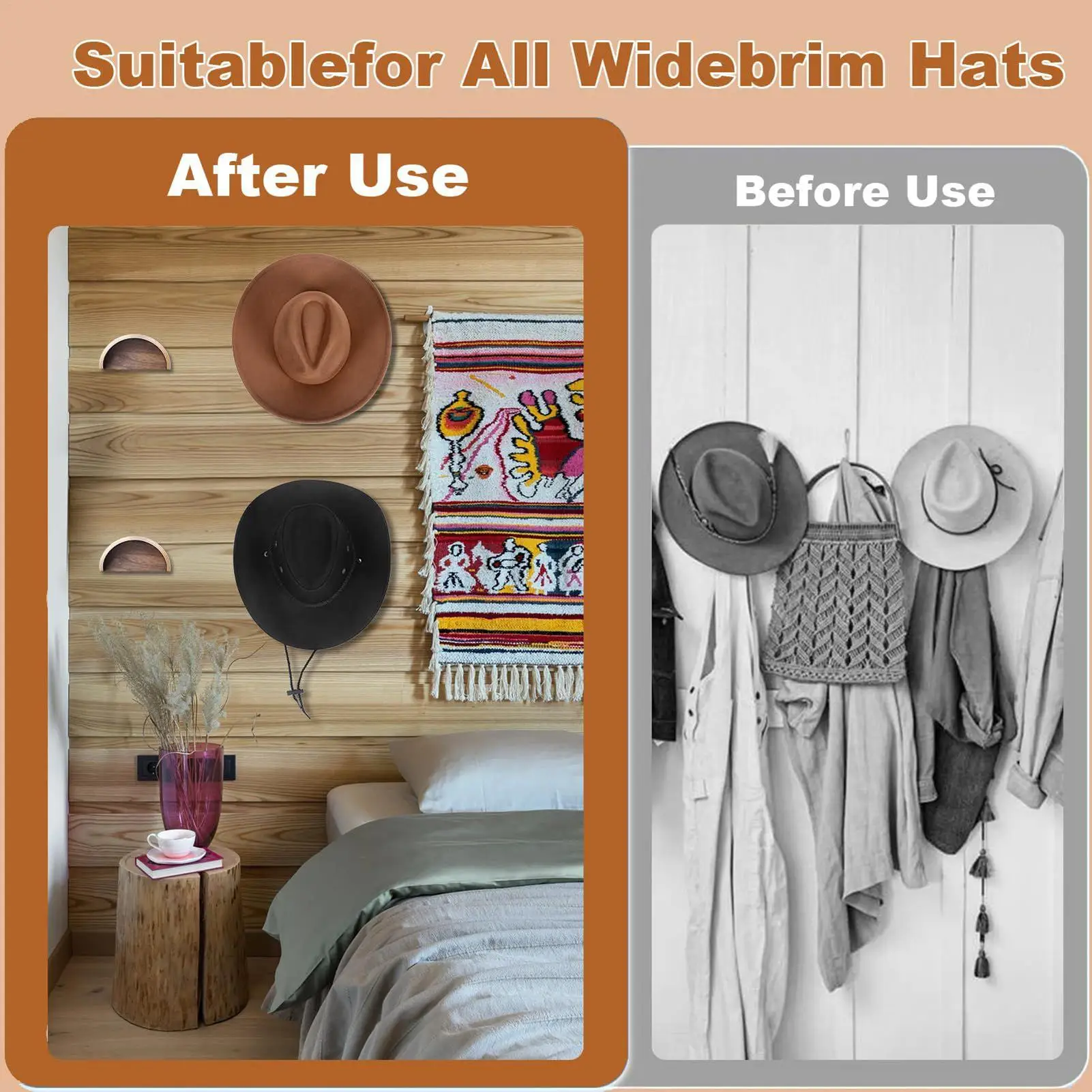 Cowboy Curved Hat Rack Wooden Wall-Mounted Hanger Western Hat Organizer Damage-resistant Brim Design Keep Hat Shape