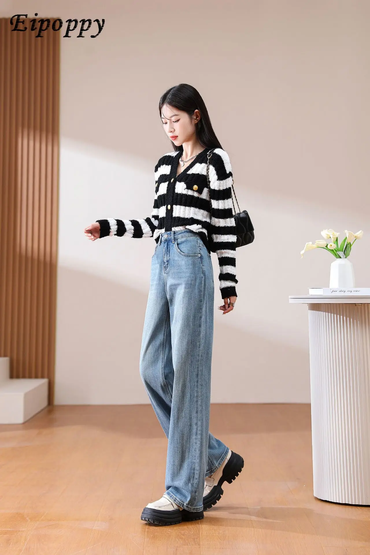 

Elastic Narrow Version Straight-Leg Pants Simple and Thin Simple High Waist Denim Trousers Women's Worn Pants