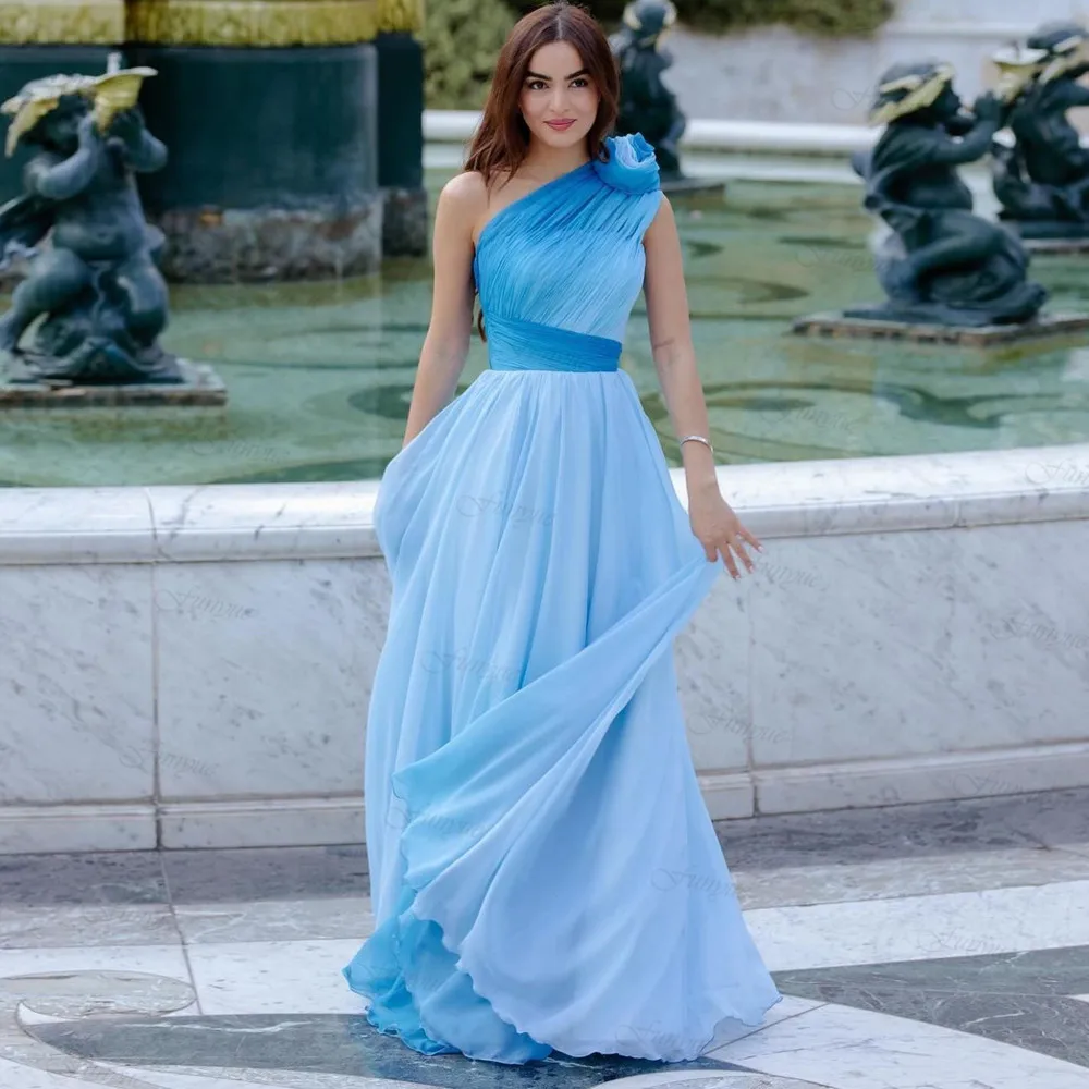 

One Shoulder Sky Blue Prom Dresses Long A-Line Chiffon Vestidos De Gala Arabic Princess Formal Evening Gown Simple Robes