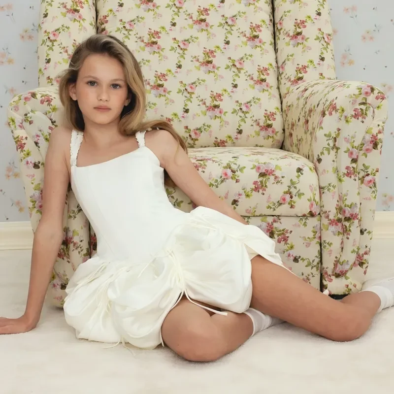 Glossy Satin Ivory Flower Girl Dress Square Neck Ruffle Drawstring Pleated Flower Bud Ballet Skirt Girl Performance Party Prince
