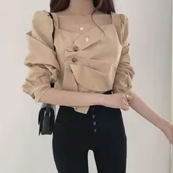 Women Korean Fashion Ruched Asymmetrical Design Blouses Square Collar Chic Long Sleeve Shirts Female Solid Slim Sexy Short Tops