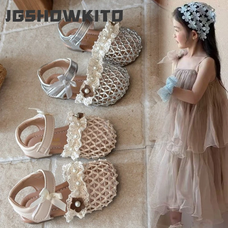 JGSHOWKITO Kids Summer Sandals Chic Flower Girl Lolita Sandals Princess Causal Dress Children Woven Hollow-out Flat Sandals Soft