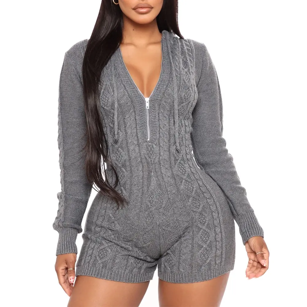 Women\'s Casual Solid Knitted Hooded Jumpsuit Homewear