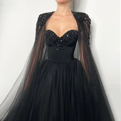 Gothic Black Tulle Arabic Evening Dress with Cape Sleeves Elegant Women 2024 Luxury Dubai Formal Party Gowns
