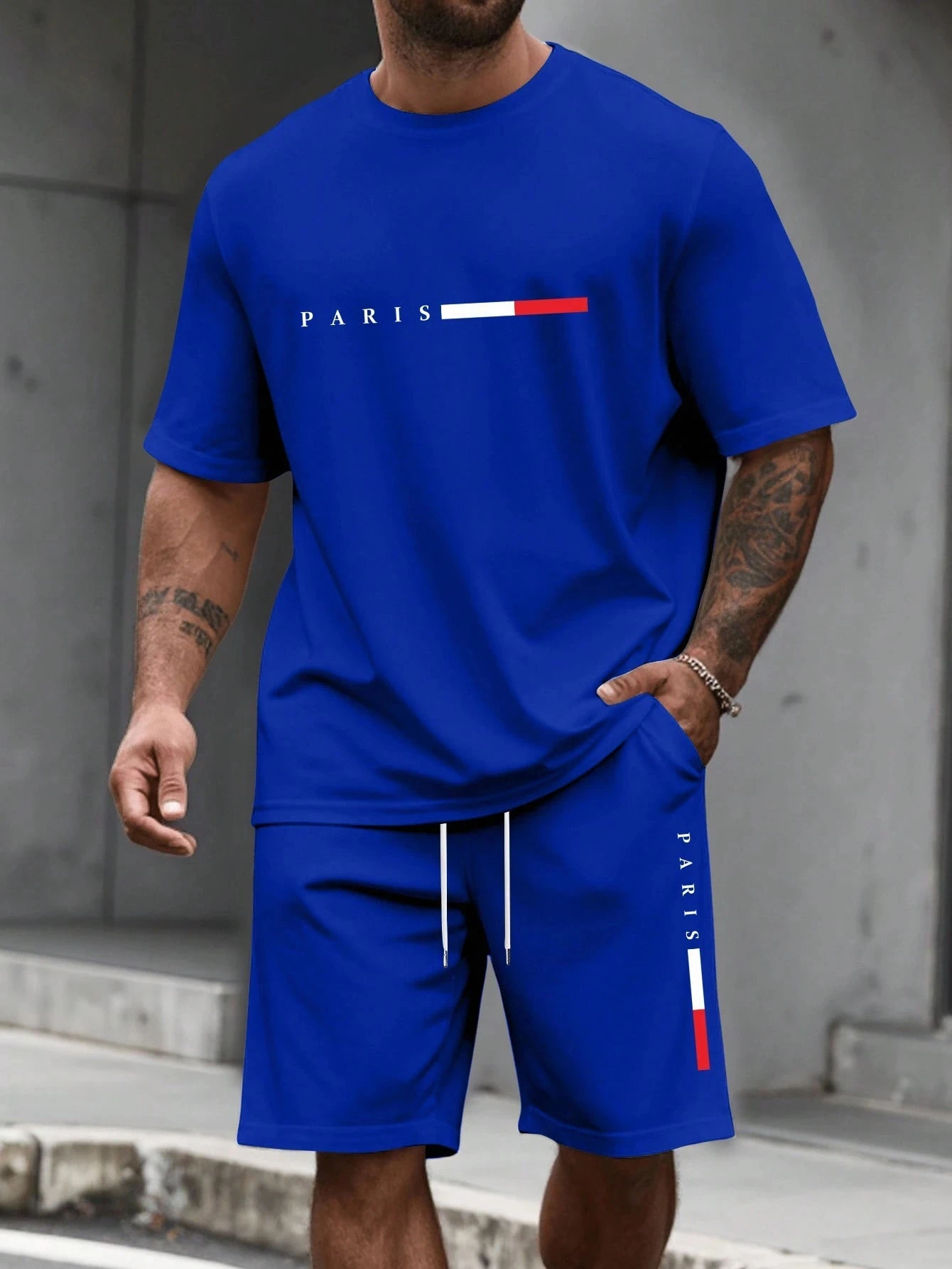 Paris Letter Print Men Spring and Summer Two Pieces Set Casual Round Neck Short Sleeve T-shirt Shorts Sport Suit Print Clothing