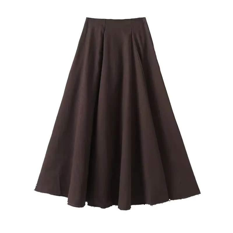 

Maxdutti японская минималистичная хлопково-льняная юбка кофейного цвета, женские юбки трапециевидной формы с высокой талией, элегантная большая распашная юбка