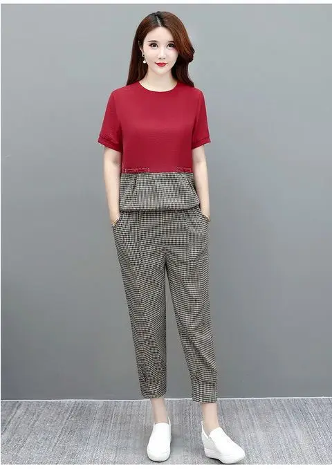 

Летний повседневный костюм из хлопка и льна для женщин 2026: тонкий комплект из двух предметов с клетчатым топом больших размеров для мам