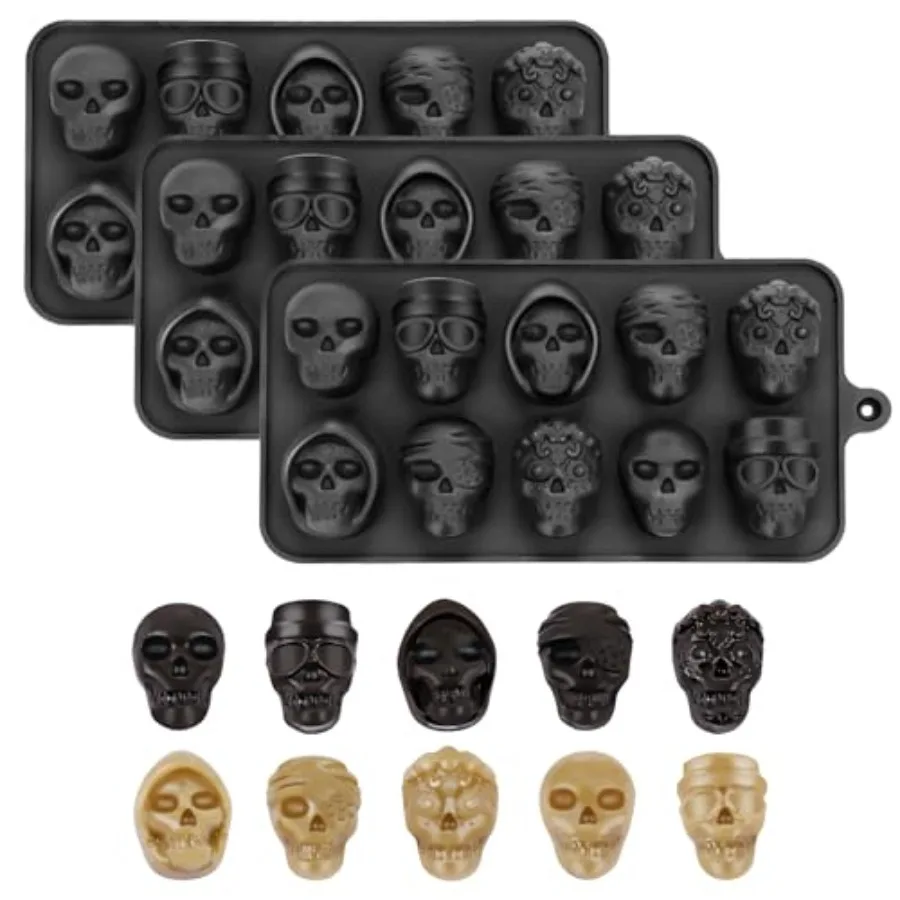 3 uds molde de Chocolate de calavera 10 cavidades 5 formas de profundidad molde de silicona para dulces de calavera para Halloween gelatina whisky cubo de hielo crayón Res