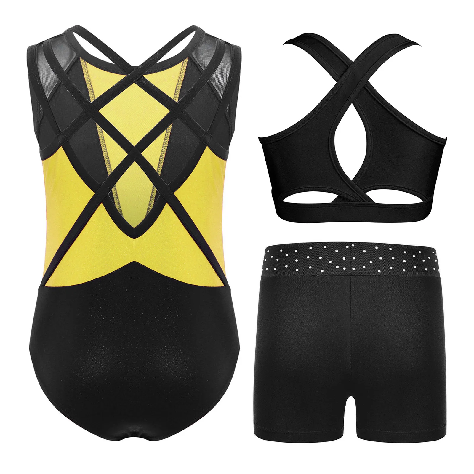 Girls Ballet Dance Gymnastics Outfit Round Neck Sleeveless Shiny Rhinestones Leotard with Cross Back Vest And Waistband Shorts