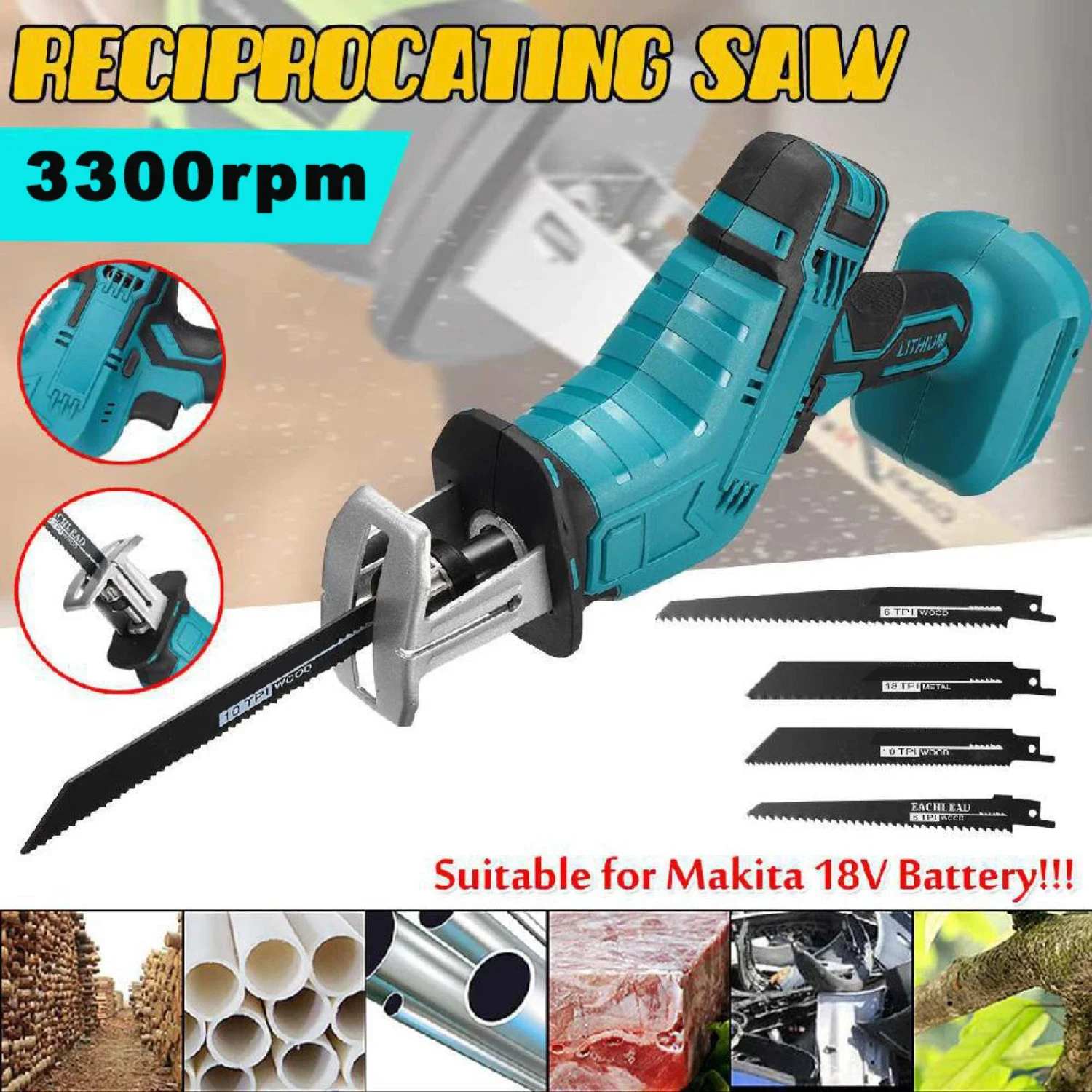 

Cordless Electric Reciprocating Saw Portable 3000 RPM/Min Metal Wood Cutting Machine Tool Variable Speed for 18V Makita Battery