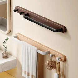 Wood Bathroom Towel Bar with 2 Hooks Black White Aluminum Wall Mounted Lavatory Bathroom Towel Holder Rack Storage Hang Shelf