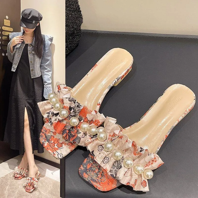 

Super Beautiful! Internet-famous Pearl Lace Flat Fairy One-strap Slippers, Vacation Beach Sandals