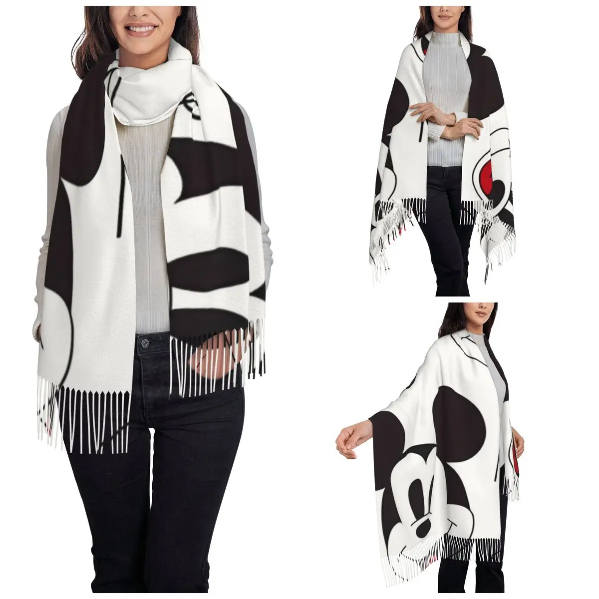 Mickey Mouse Holiday Scarf for Women Fall Winter Cashmere Shawl Wrap Long Large Scarves with Tassel for Ladies