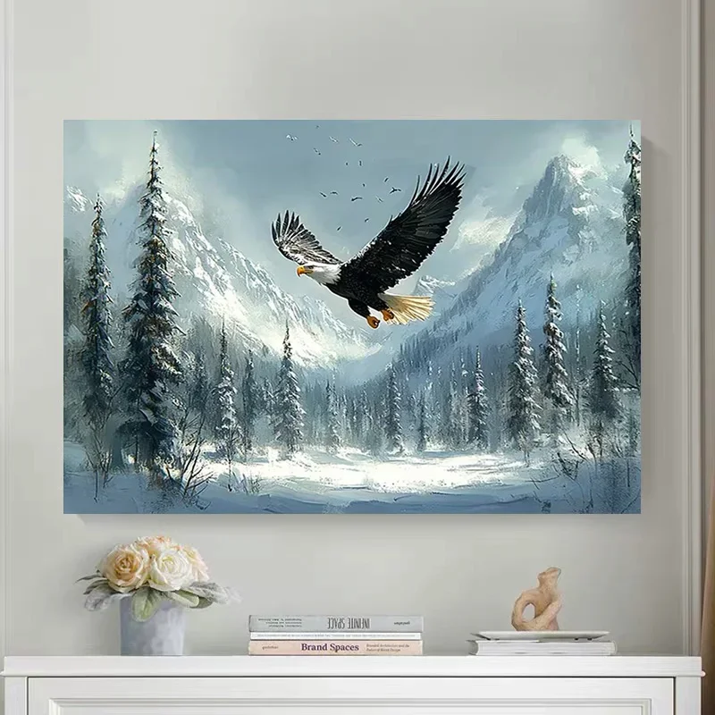 Multiple sizes 1pc frameless Canvas Painting,Soaring Eagle in The Sky Snow Mountain Forest Scenery Poster and Prints Canvas Pain