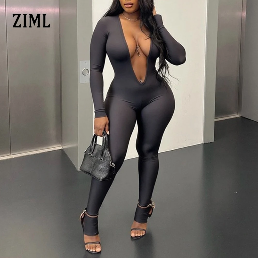 

ZIML Solid Slim Fit Temperament Jumpsuits For Women Deep V Neck Long Sleeve High Waist Summer Design Sense Jumpsuit Female New