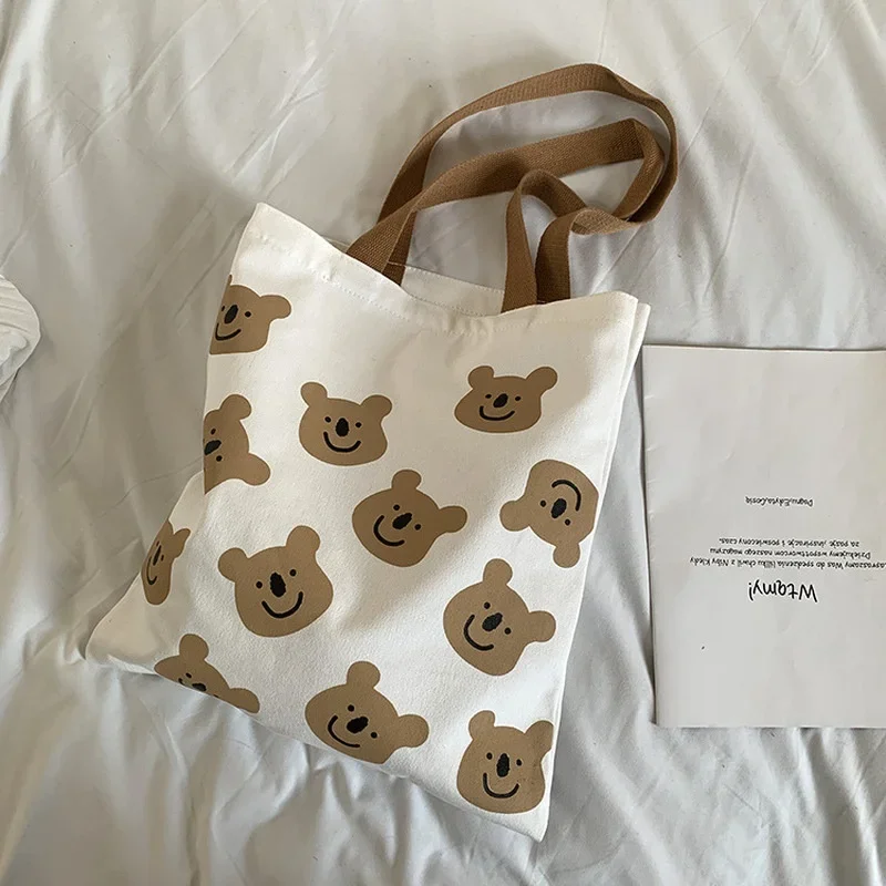 New Canvas Shoulder Bag for Women Girl Cartoon Teddy Bear White   Female Handbags Cloth Shopping Bags Ladies Tote Beach Bag