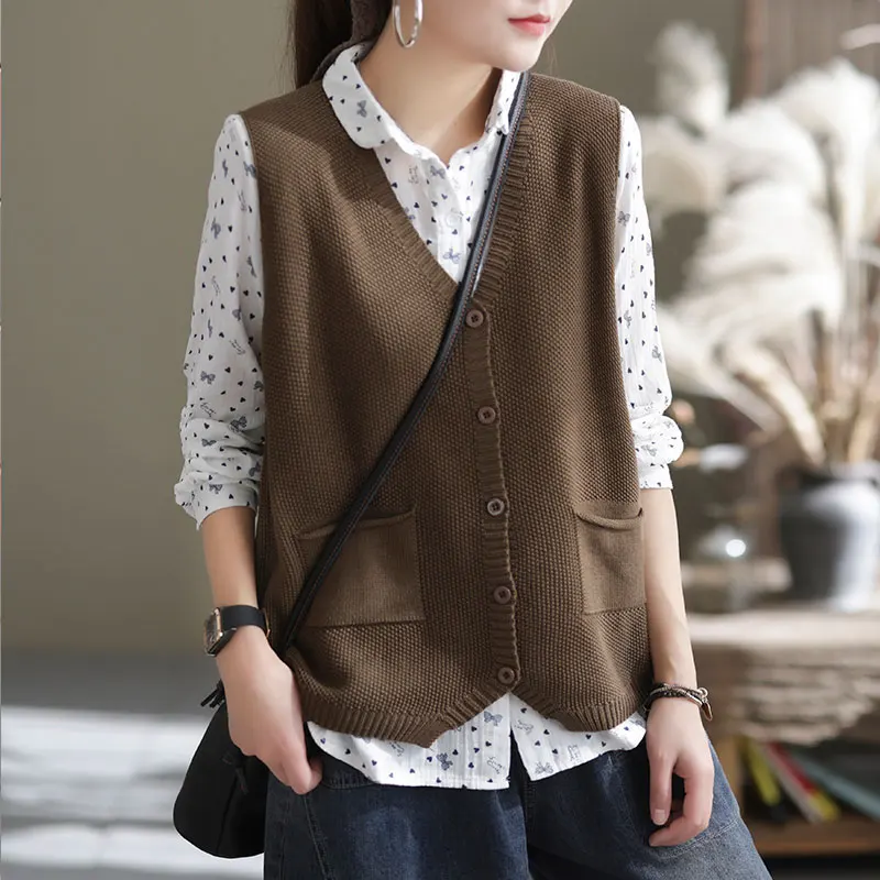 2025 Women's Spring Autumn Loose Knit Cardigan Vest Female V-neck Buttons Vest Jacket Ladies Solid Color Sweater Waistcoat W861