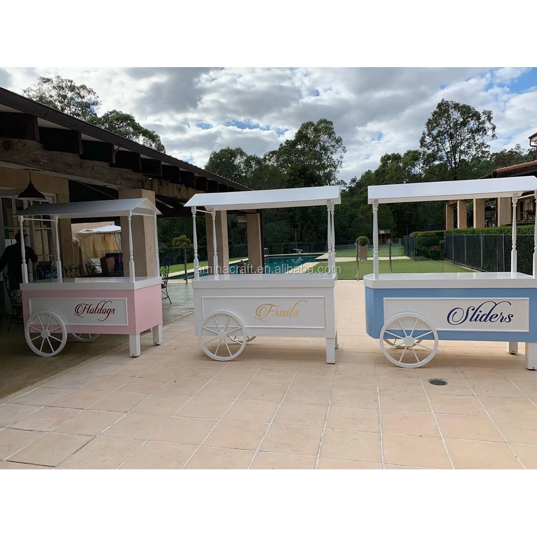 أمينا كرافت الزفاف الديكور عربة عرض خشبية الحلوى الخشب عربات الغذاء للبيع