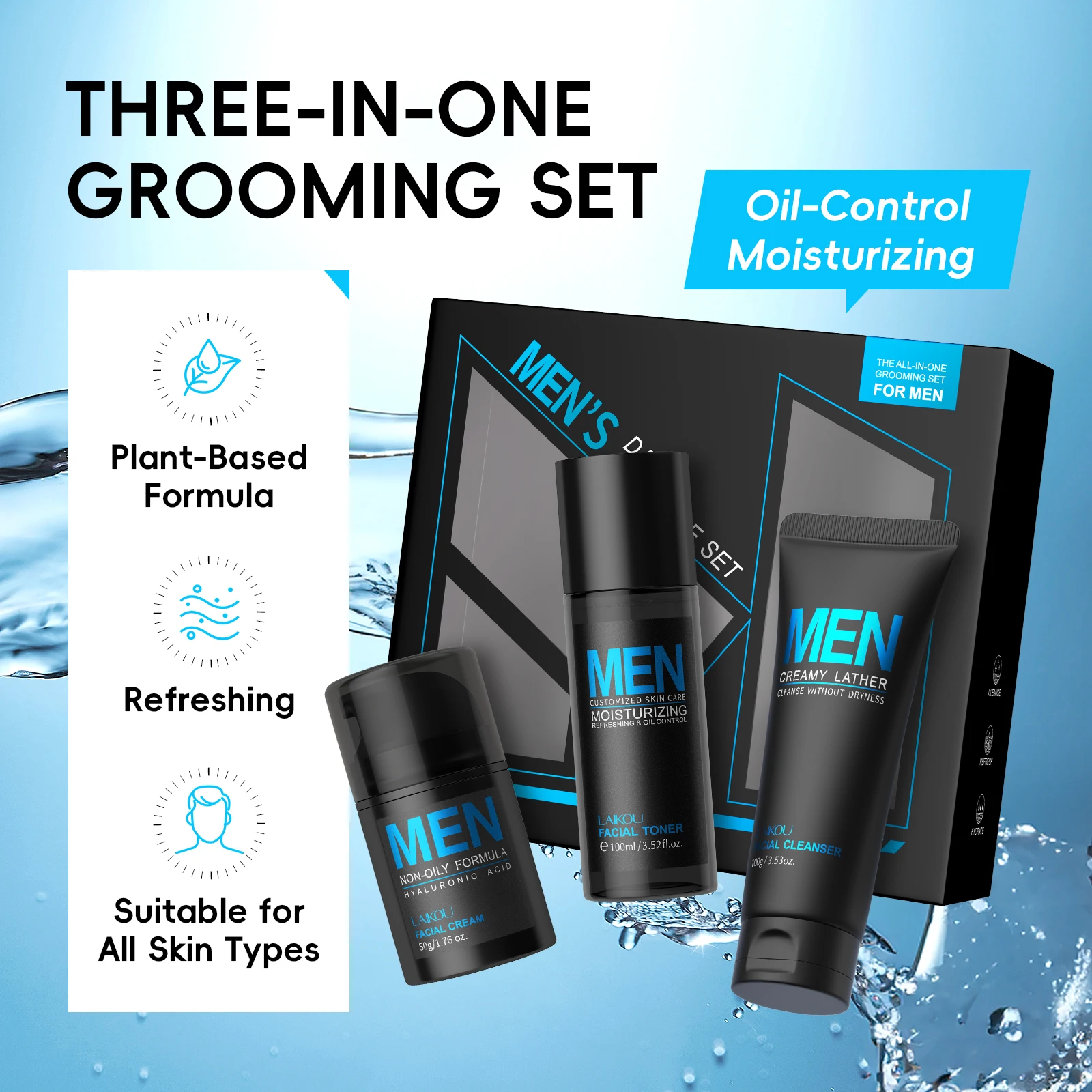 LAIKOU 3-Piece Men's Daily Skincare Kit - Cleanse Refresh Hydrate Essential Men's Beauty Routine Set