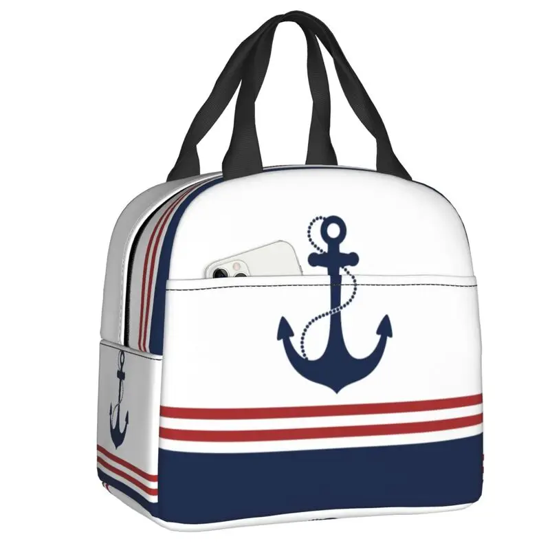 Custom Nautical  Anchor Lunch Bag Men Women Thermal Cooler Insulated Lunch Box for Children School Work Food Picnic Tote Bags