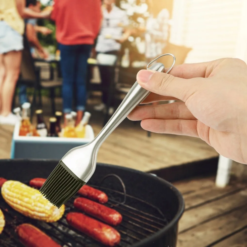 2PCS Heat Resistant Silicone Basting Brush Stainless Steel Hollow Handle BBQ Sauce Brush Non Clumping Bristle