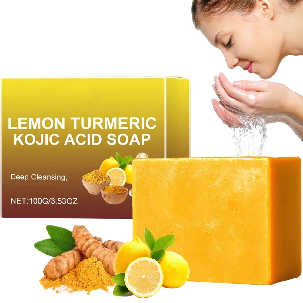 Zitronenkurkuma-Kojisäure-Seife, orangefarbene, aufhellende Seife mit dunklen Flecken, Salicylsäure, gleicht den Hautton aus, feuchtigkeitsspendende Badeseife