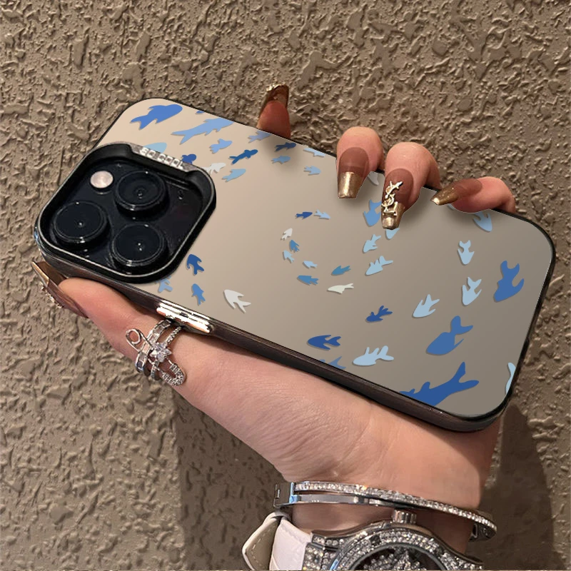 Rotating Fish Schools Pattern Phone Case For iPhone 16 15 14 13 12 11 Pro Max 16E XS X XR 7 8 16 Plus IMD Laser Hard PC Cover