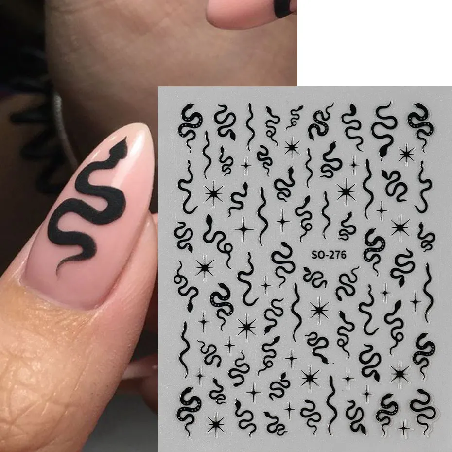 3 uds. De pegatinas 3D de serpiente negra para decoración de uñas, pegatinas Punk doradas y plateadas con estampado de animales, calcomanías de luz de estrellas, herramientas de manicura de año de serpiente oscura gótica