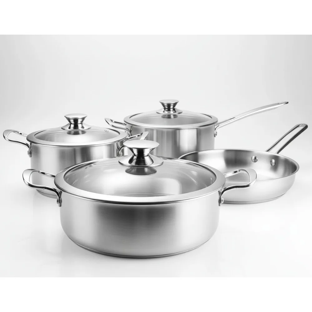 

7-Piece Stainless Steel Cookware Set with Glass Lids, Induction Compatible, Oven Safe, Dishwasher Clean