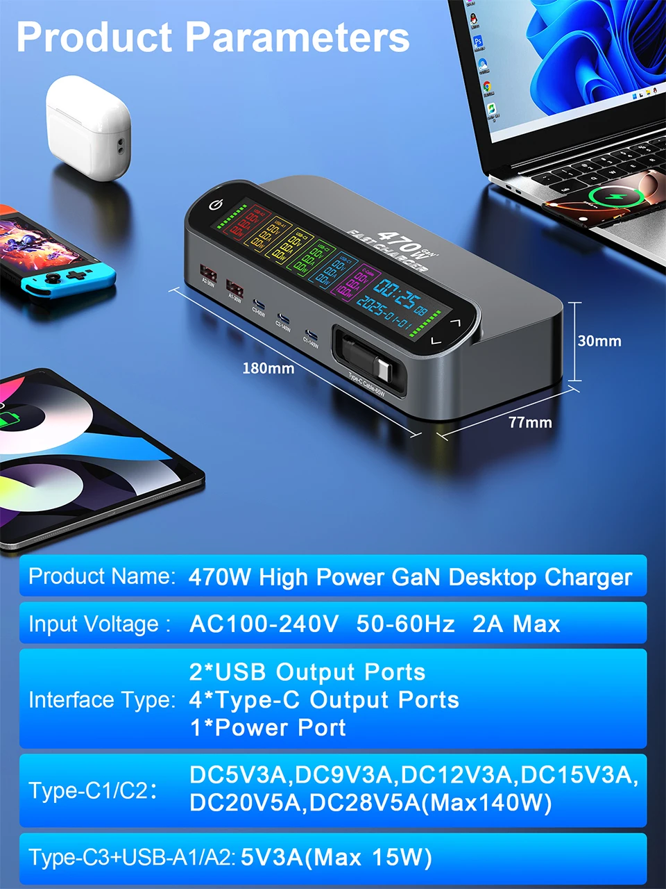 470W GaN Fast Charger 140W PD3.1 PPS USB Type-C Digital Display Desktop Charging Station for iPhone 16/15 MacBook Laptops