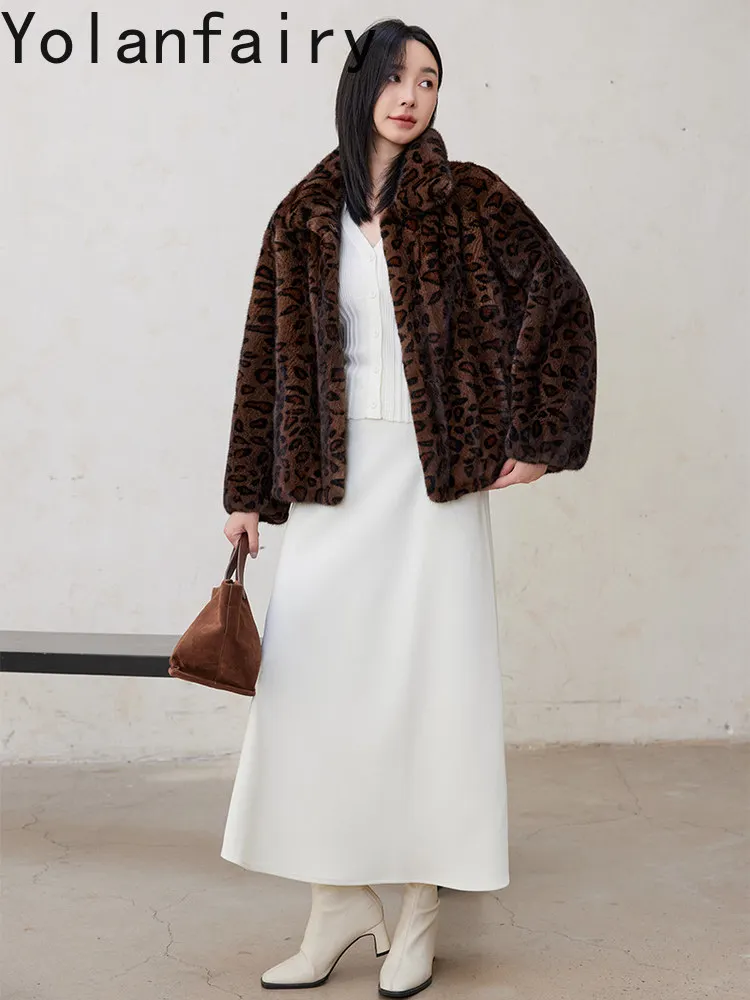 YOLANFAIRY Luxury 100% Real Fur Coat Woman Elegant Fashion Leopard Natural Mink Fur Jacket Stand Collar Coffee Fur Coats Jackets