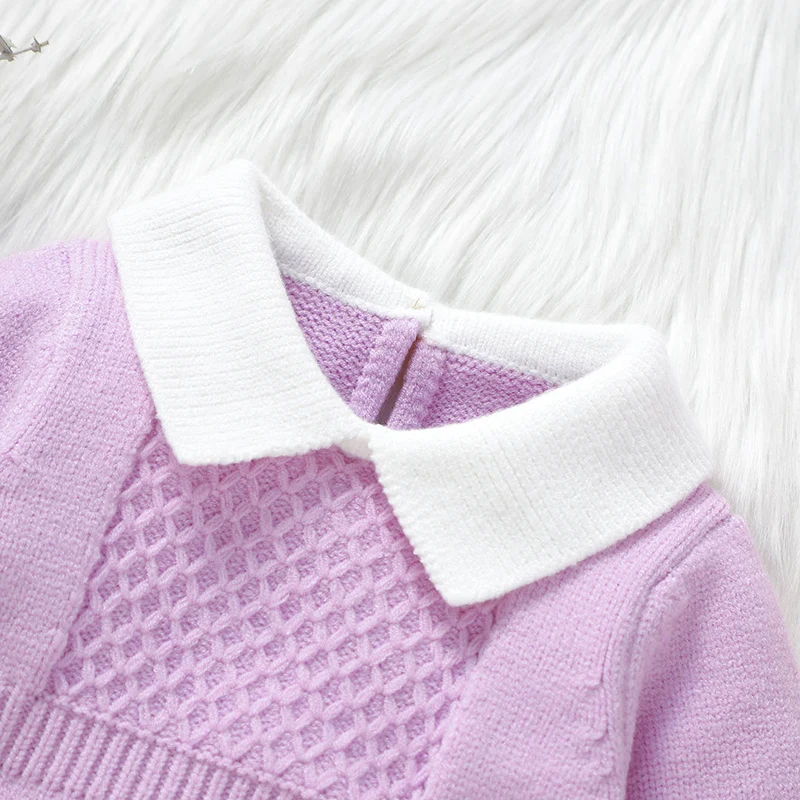 Winter Newborn Girls Rompers Clothes Autumn Purple Turtle Neck Long Sleeve Infant Kids Knitted Jumpsuits Headband Set 2pcs 0-18m